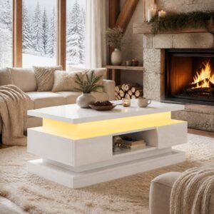 wohnli-moebel-suche-M26206917-1 Couchtisch aus Spanplatte weiß mit LED und 2 Schubladen 100x40x50cm Spanplatte Weiß Hauss Spole Möbel Wohnzimmermöbel Couchtische