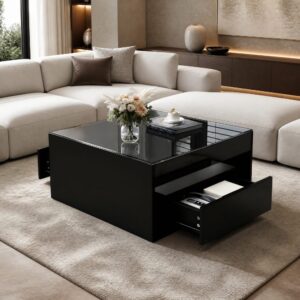 wohnli-moebel-suche-M26206920-1 Couchtisch aus Holzwerkstoff schwarz mit Glasplatte und 2 Schubladen 70x35x70cm Spanplatte Schwarz Hauss Spole Möbel Wohnzimmermöbel Couchtische