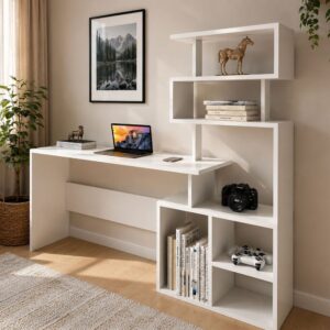 Schreibtisch 190 cm mit Regalen weiß 190x135x190cm Spanplatte Weiß Concept Usine Möbel Büromöbel Schreibtische