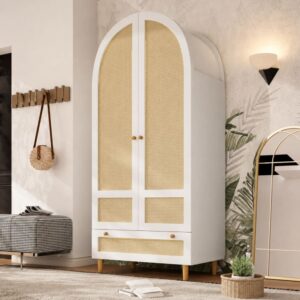 wohnli-moebel-suche-M26214384-1 Kleiderschrank aus Holzwerkstoff in Weiß mit Rattangeflecht 80 x 180cm 80x180x50cm Spanplatte Weiß Hauss Spole Möbel Schlafzimmermöbel Schränke