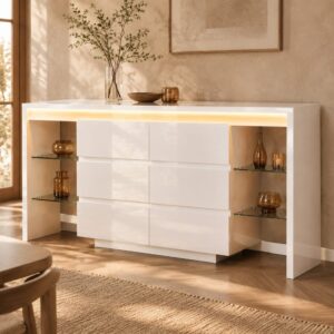 wohnli-moebel-suche-M26214431-1 Kommode hochglanzweiß aus Holzwerkstoff mit LED 155x80x40cm Spanplatte Weiß Hauss Spole Möbel Esszimmermöbel Sideboards, Highboards & niedrige Anrichten