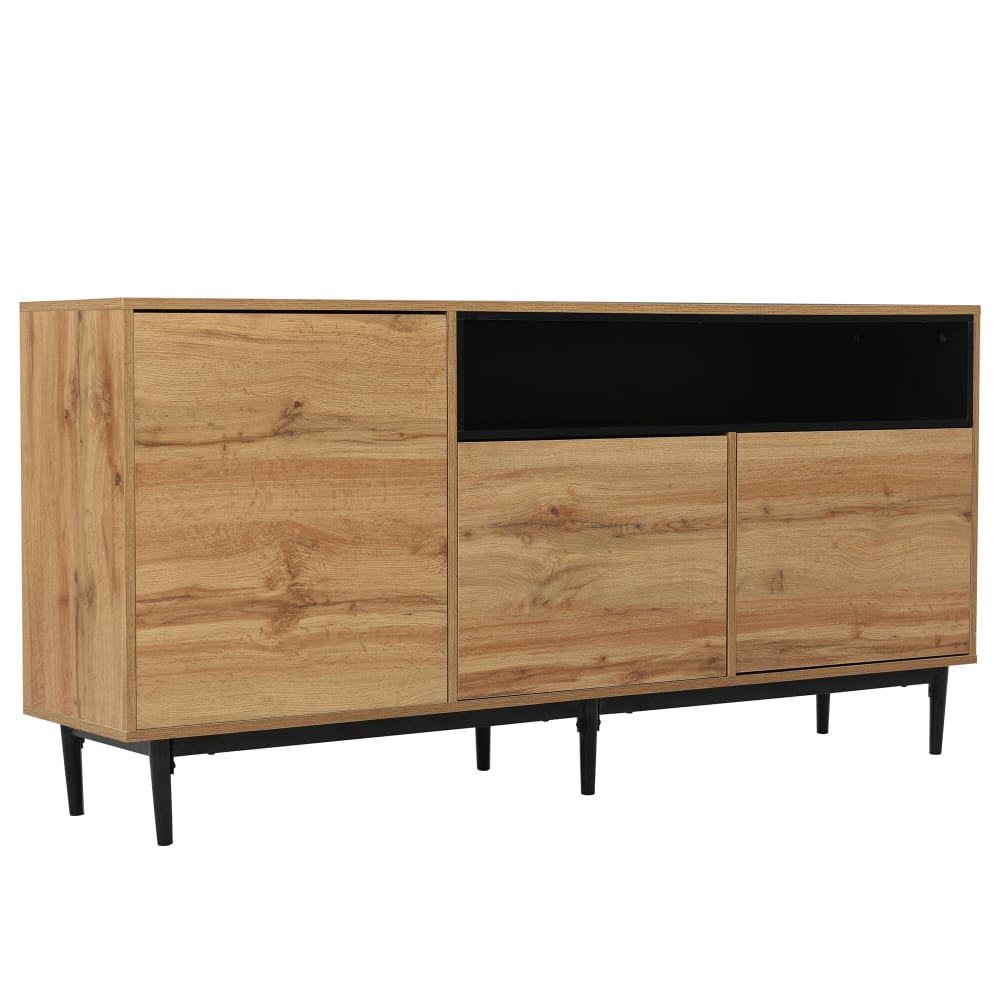 Wohnli Möbelsuche - Modernes Sideboard aus Holz mit drei Türen und Regalen.