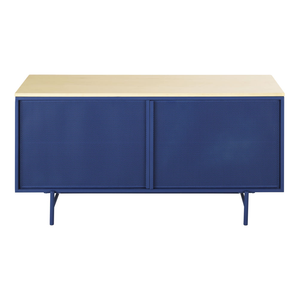 Wohnli Möbelsuche - Niedrige Anrichte mit 2 Türen aus Pappelholz und blauem Metall