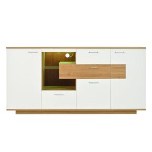 wohnli-moebel-suche-Niedriges-Designer-Sideboard-mit-LED-Beleuchtung-Weiss-und-Eiche Wohnli Möbelsuche - Niedriges Designer-Sideboard mit LED-Beleuchtung