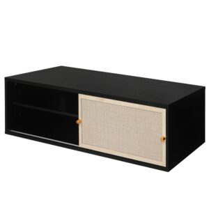 wohnli-moebel-suche-Rechteckiges-Wandregal-Rattan-SchiebetuerenSchwarz Wohnli Möbelsuche - Rechteckiges Wandregal