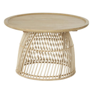 Wohnli Möbelsuche - Runder Couchtisch aus massivem Mangoholz und beigem Rattan 70 cm