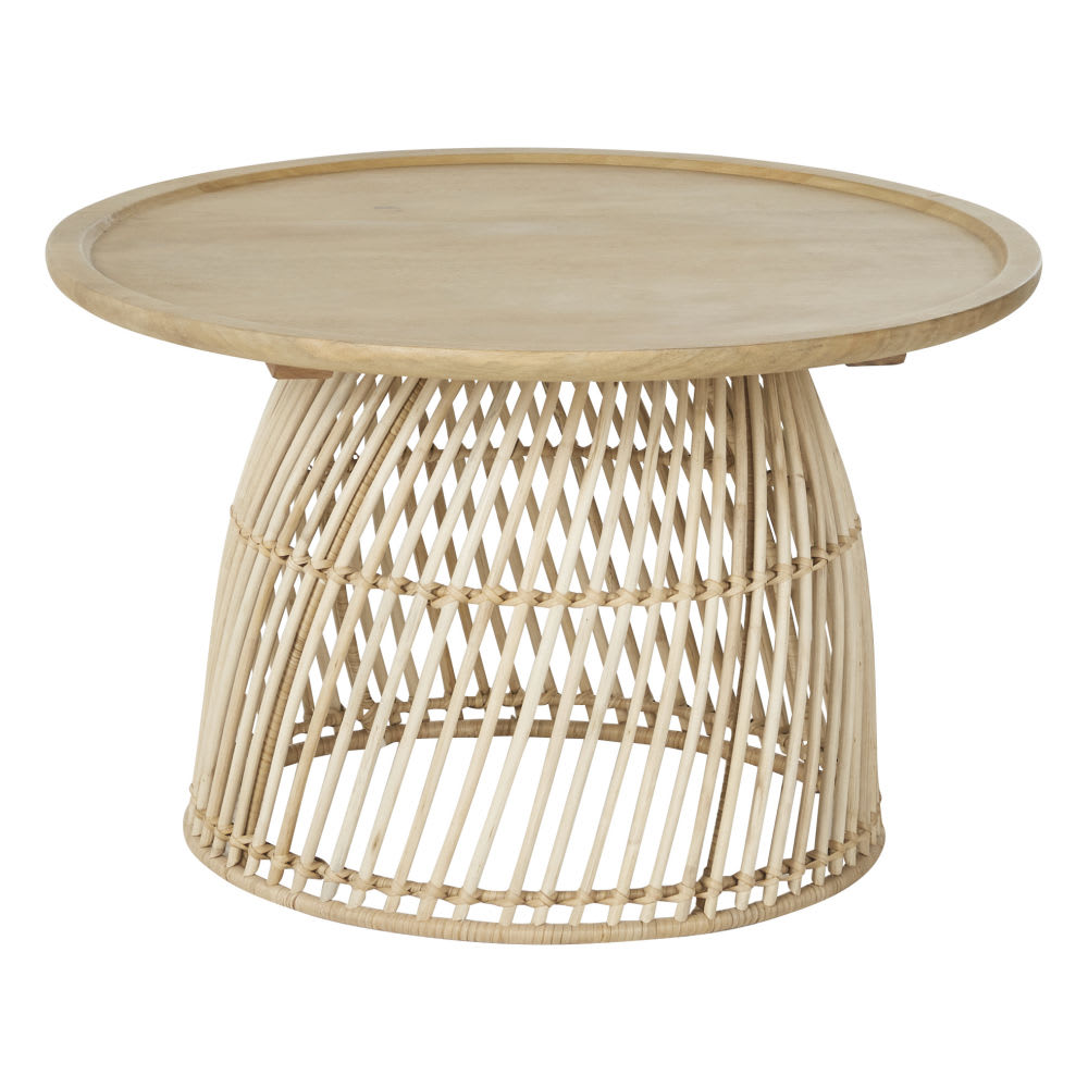 Wohnli Möbelsuche - Runder Couchtisch aus massivem Mangoholz und beigem Rattan 70 cm