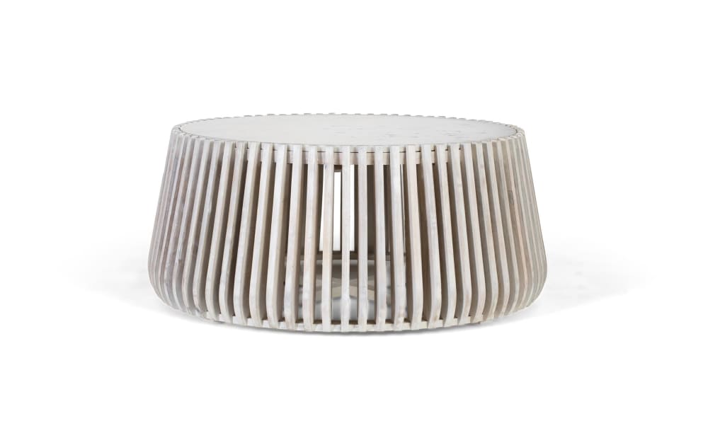 Wohnli Möbelsuche - Runder Couchtisch aus weißem Marmor und Mangoholz