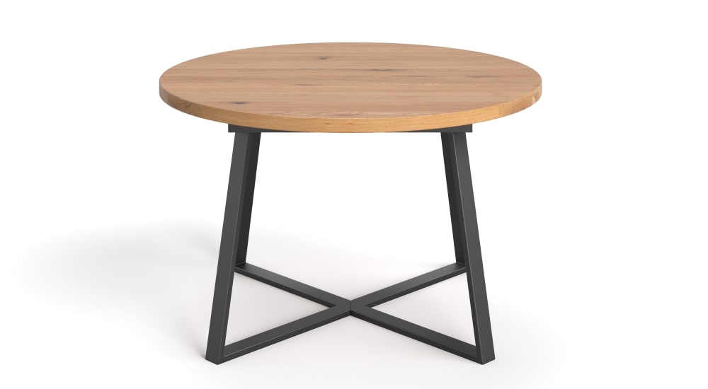 Wohnli Möbelsuche - Runder Tisch aus massiver Eiche mit Metallbeinen 110 cm