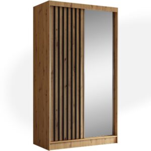 Wohnli Möbelsuche - Schiebetürenschrank mit Lamellen 120 cm eiche Artisan+schwarz
