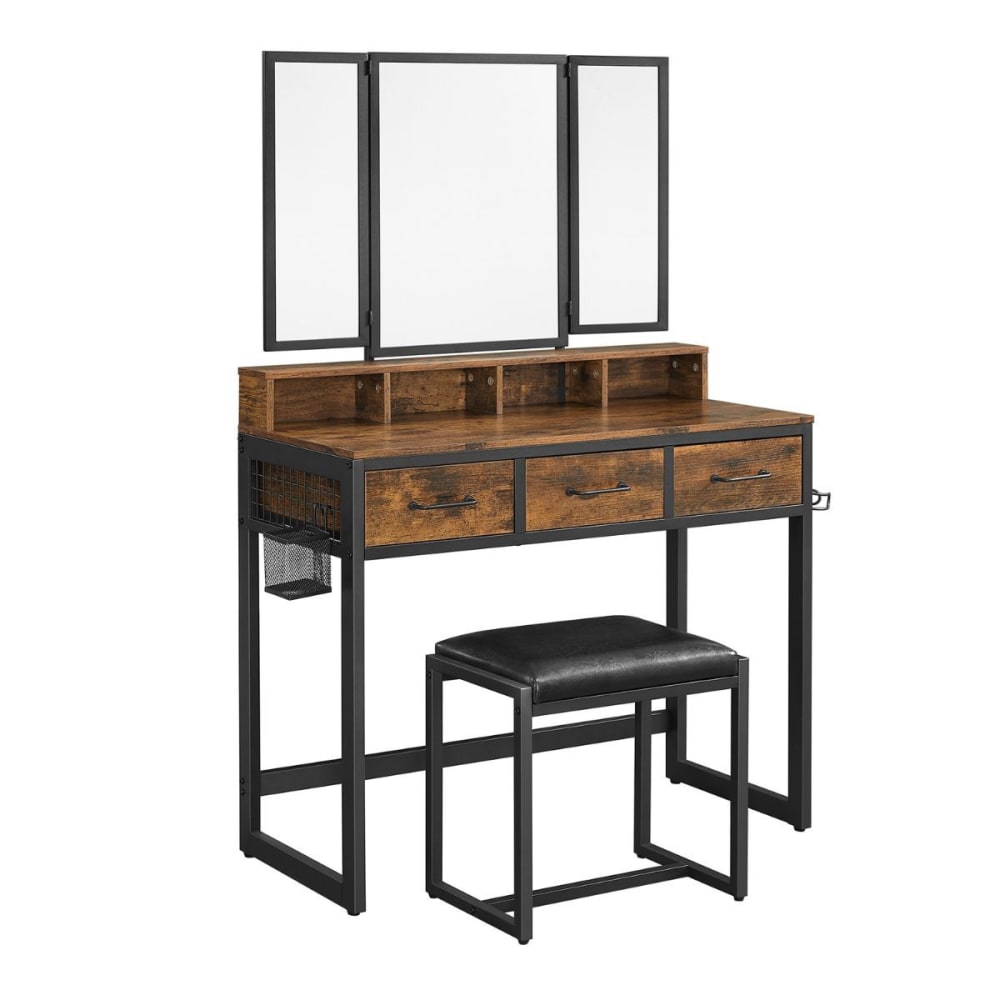 Wohnli Möbelsuche - Schminkkonsole mit Spiegel und Hocker in Holzoptik L90 x H141 cm