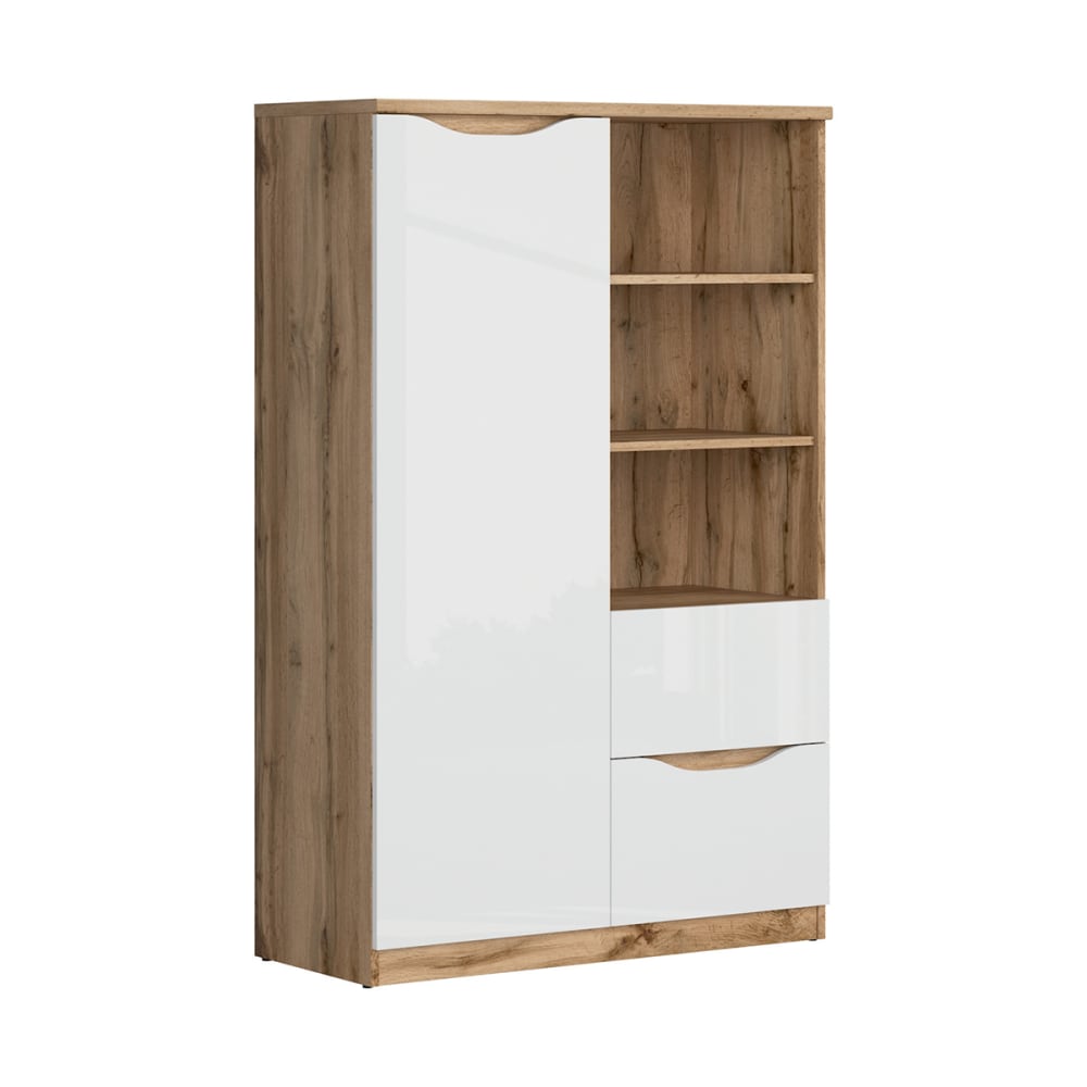 wohnli-moebel-suche-Schrank-mit-2-Schubladen-und-1-Tuer-Weiss-und-Holzoptik-148cm Wohnli Möbelsuche - Schrank mit 2 Schubladen und 1 Tür