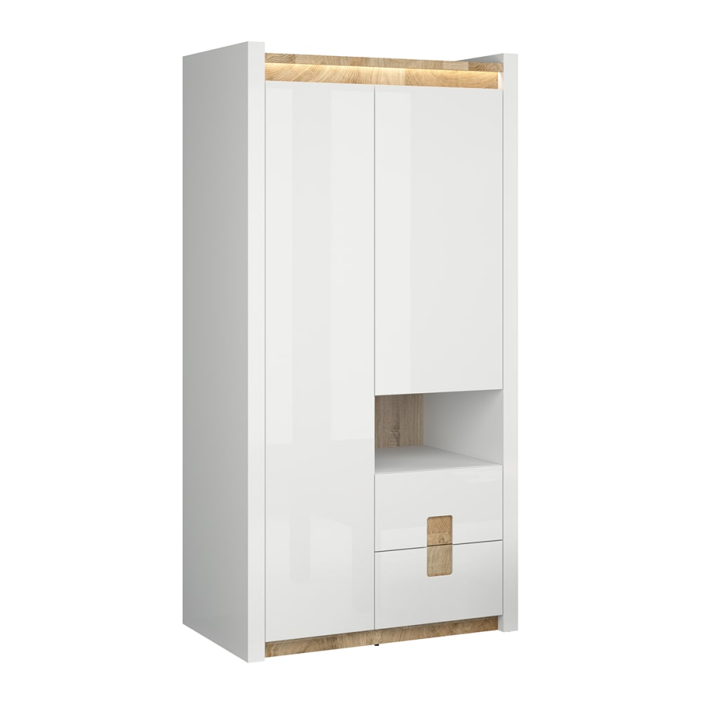 wohnli-moebel-suche-Schrank-mit-2-Schubladen-und-2-Tueren-Weiss-und-Holzoptik-201cm Wohnli Möbelsuche - Schrank mit 2 Schubladen und 2 Türen