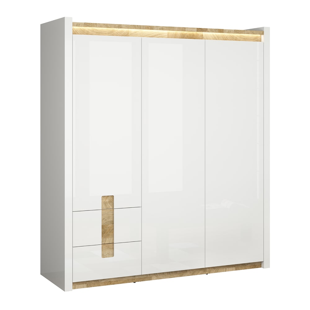 wohnli-moebel-suche-Schrank-mit-3-Tueren-Weiss-und-Holzoptik-202cm Wohnli Möbelsuche - Schrank mit 3 Türen
