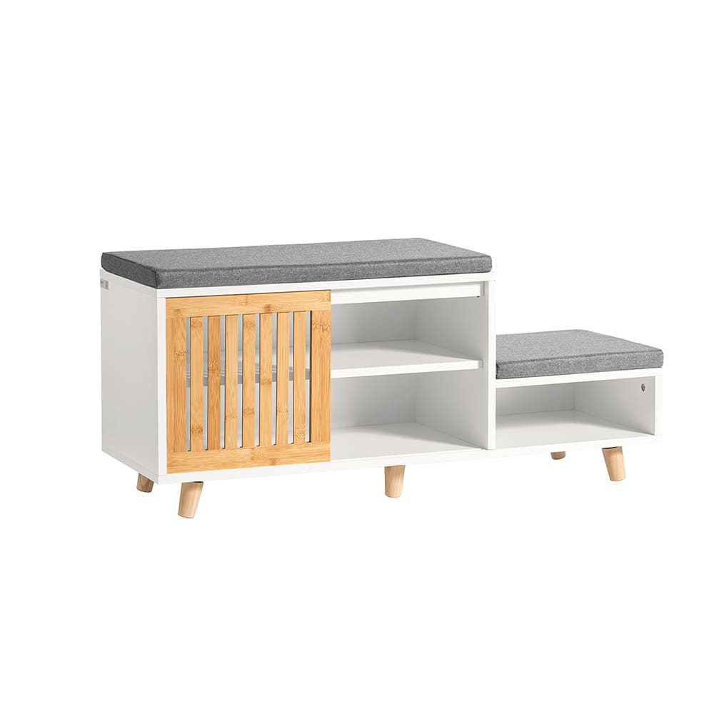 Wohnli Möbelsuche - Schuhbank mit 2 Sitzflächen und 1 Schiebetür MDF Bambus Weiß Natur