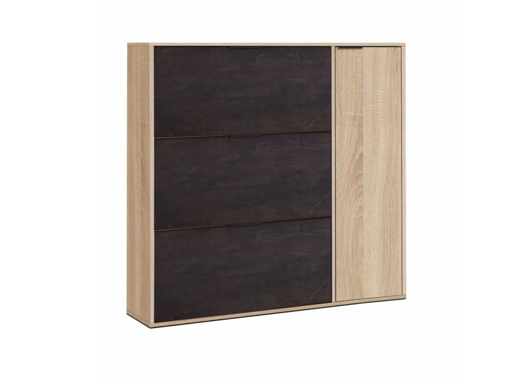 wohnli-moebel-suche-Schuhmoebel-3-Klappen-und-1-Tuer-L106-cm-Dekor-Eiche-und-Grau Wohnli Möbelsuche - Schuhmöbel 3 Klappen und 1 Tür L106 cm - Dekor Eiche und Grau