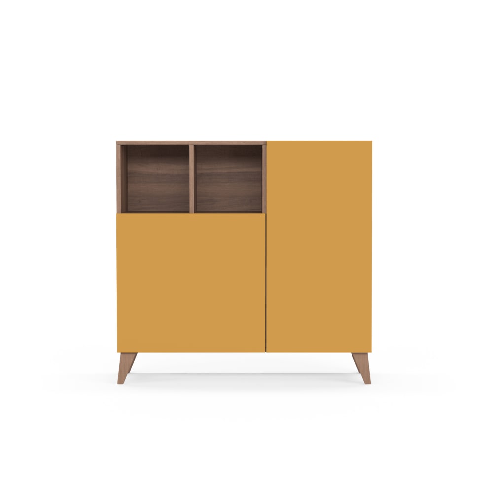 Wohnli Möbelsuche - Schuhschrank aus Melamin Nussbaum mit Türen in Senfgelb 87x90x27 cm