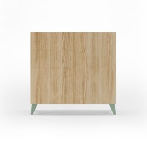 Wohnli Möbelsuche - Schuhschrank aus Melamin in Eiche mit grünen Füßen 87x90x27 cm