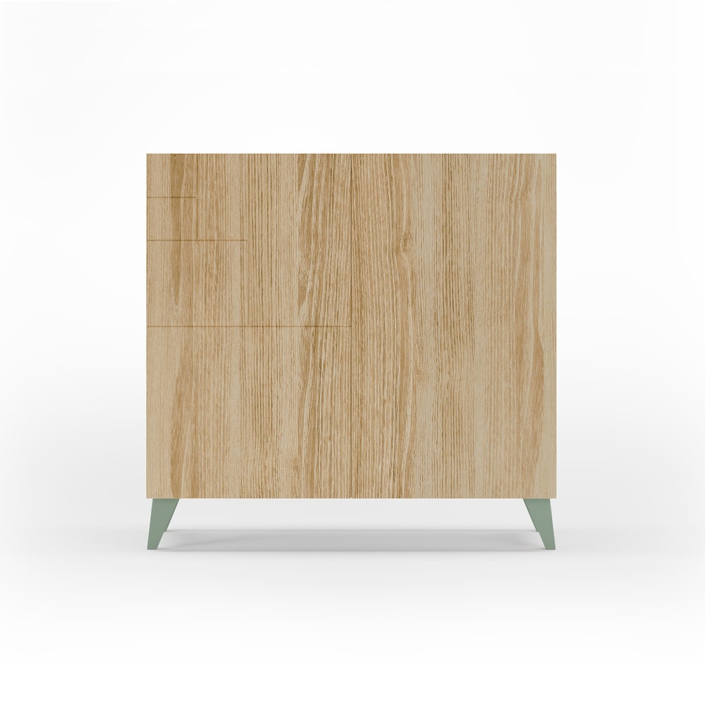 Wohnli Möbelsuche - Schuhschrank aus Melamin in Eiche mit grünen Füßen 87x90x27 cm