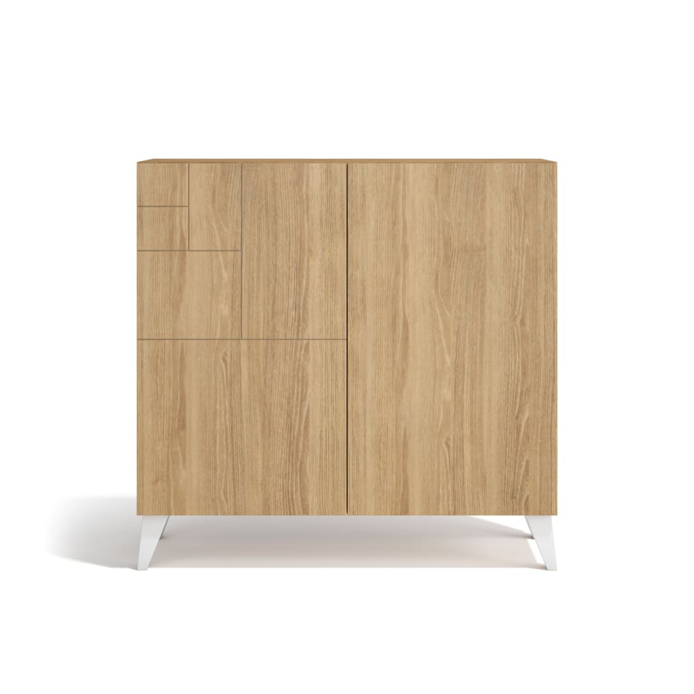 Wohnli Möbelsuche - Schuhschrank aus Melamin in Eiche mit weißen Füßen 87x90x27 cm