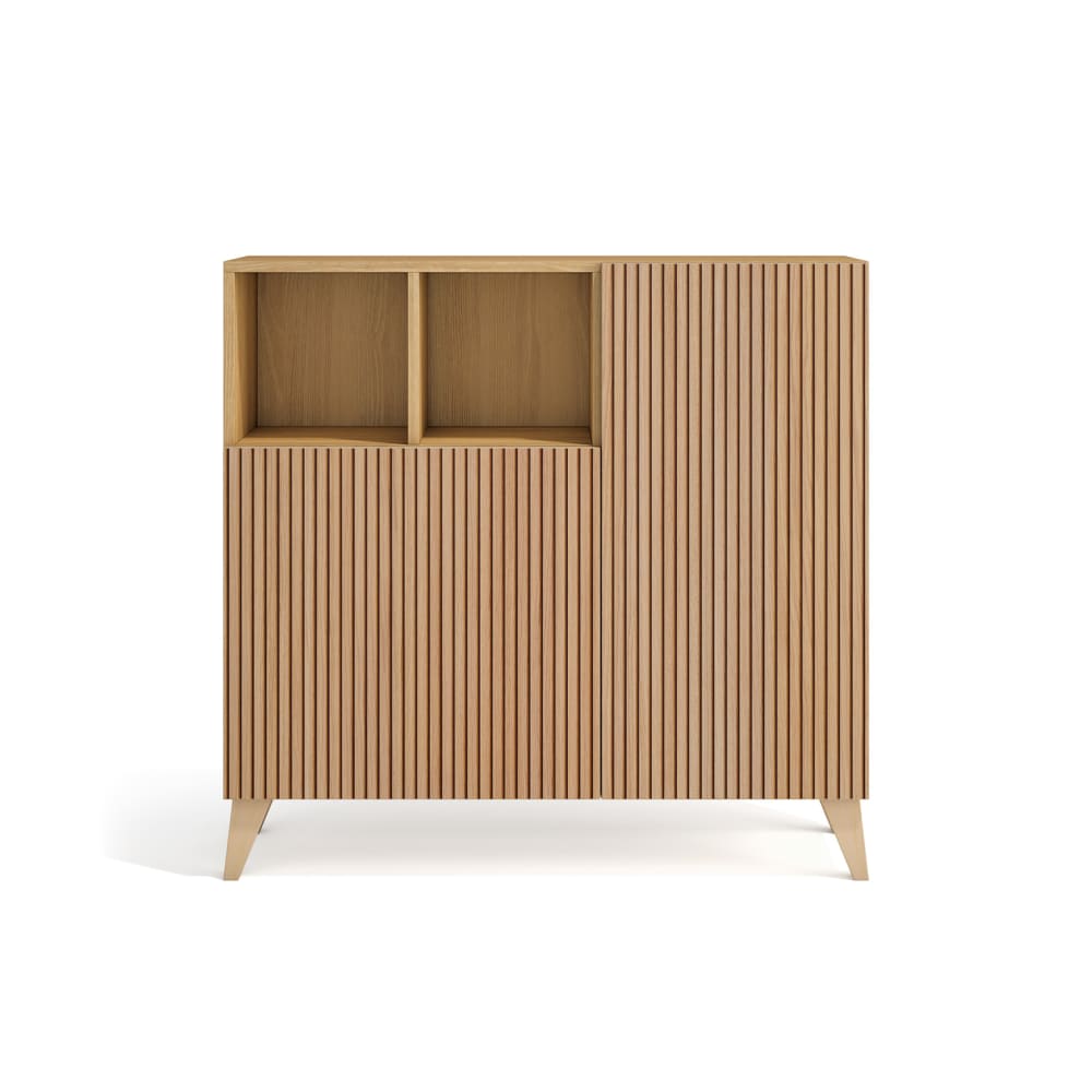 Wohnli Möbelsuche - Schuhschrank aus Melamin in Gold-Eiche mit Türen Lattenoptik 87x90x27