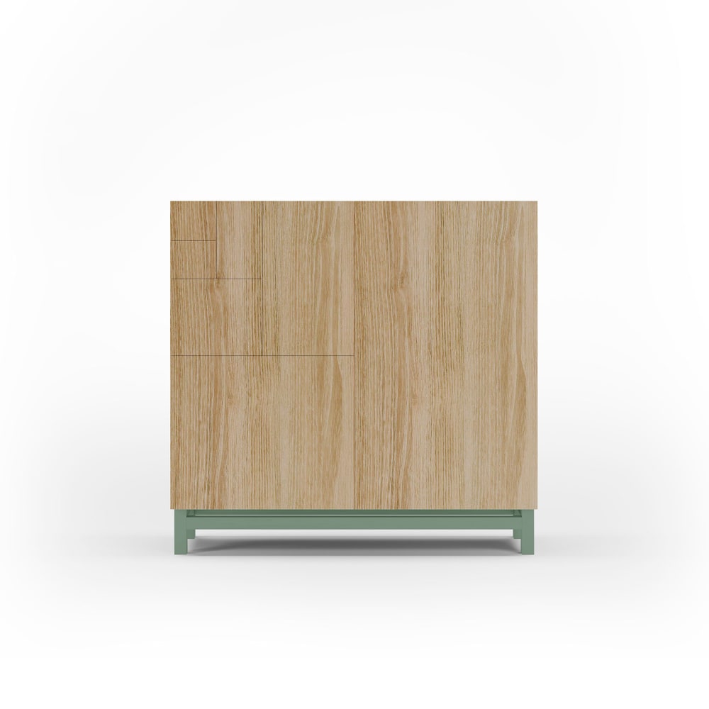 Wohnli Möbelsuche - Schuhschrank aus Melamin in Gold-Eiche mit grünen Füßen 90x90x27 cm