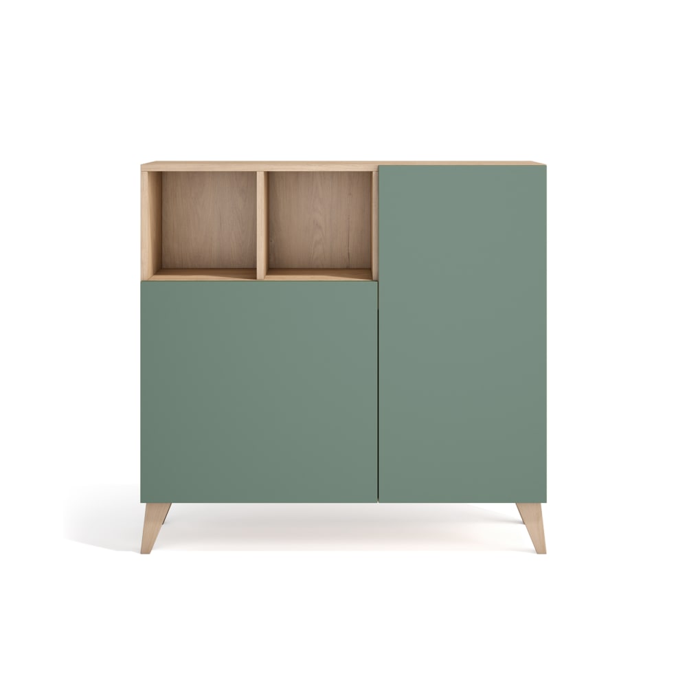 Wohnli Möbelsuche - Schuhschrank aus Melamin in Hell-Eiche mit Türen in Grün 87x90x27 cm