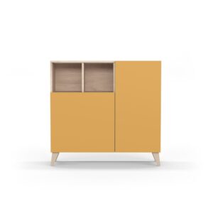 wohnli-moebel-suche-Schuhschrank-aus-Melamin-in-Hell-Eiche-mit-Tueren-in-Senfgelb-87x90x27 Wohnli Möbelsuche - Schuhschrank aus Melamin in Hell-Eiche mit Türen in Senfgelb 87x90x27