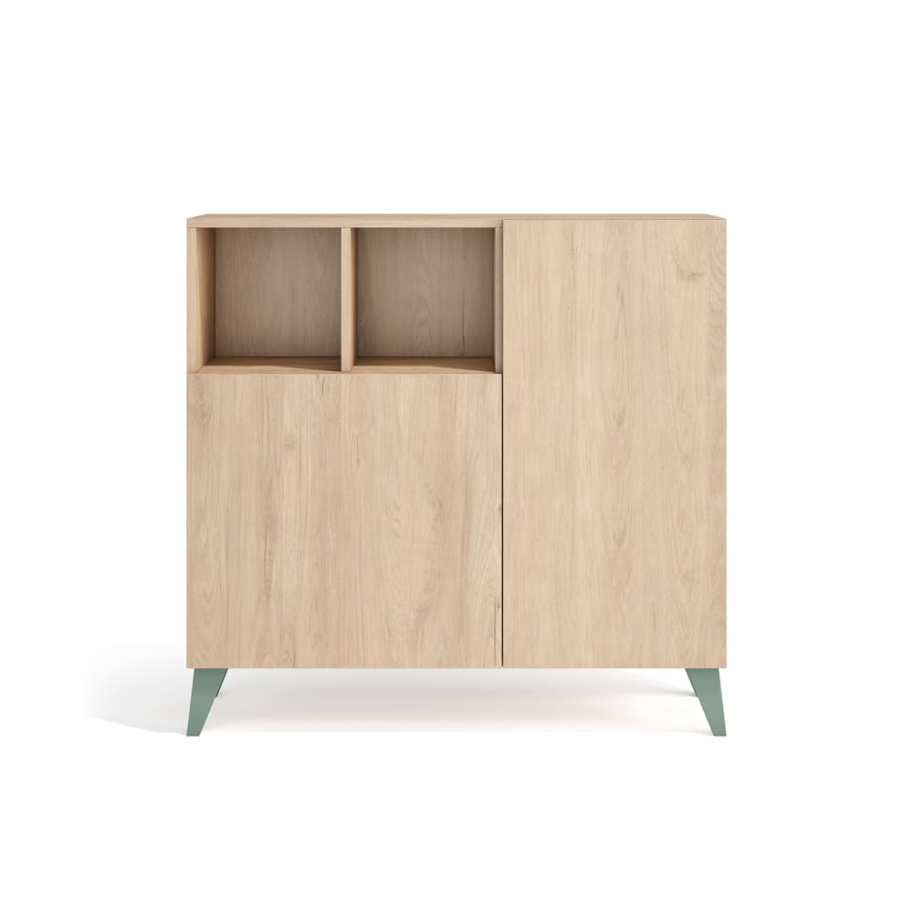 Wohnli Möbelsuche - Schuhschrank aus Melamin in Hell-Eiche mit grünen Füßen 87x90x27 cm