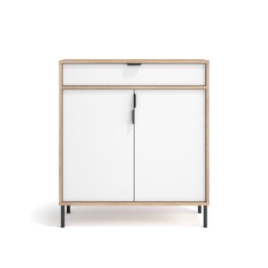 Wohnli Möbelsuche - Schuhschrank aus Melamin in Hell-Eiche mit weißen Türen 89x80x29 cm