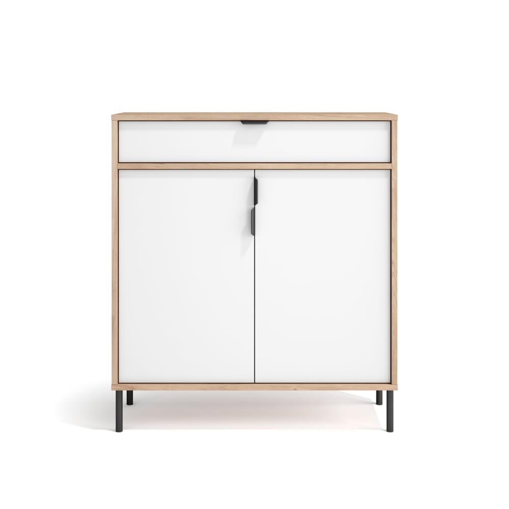 Wohnli Möbelsuche - Schuhschrank aus Melamin in Hell-Eiche mit weißen Türen 89x80x29 cm