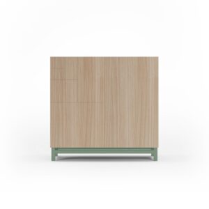 Wohnli Möbelsuche - Schuhschrank aus Melamin in Hell-Nussbaum mit grünen Füßen 90x90x27 cm