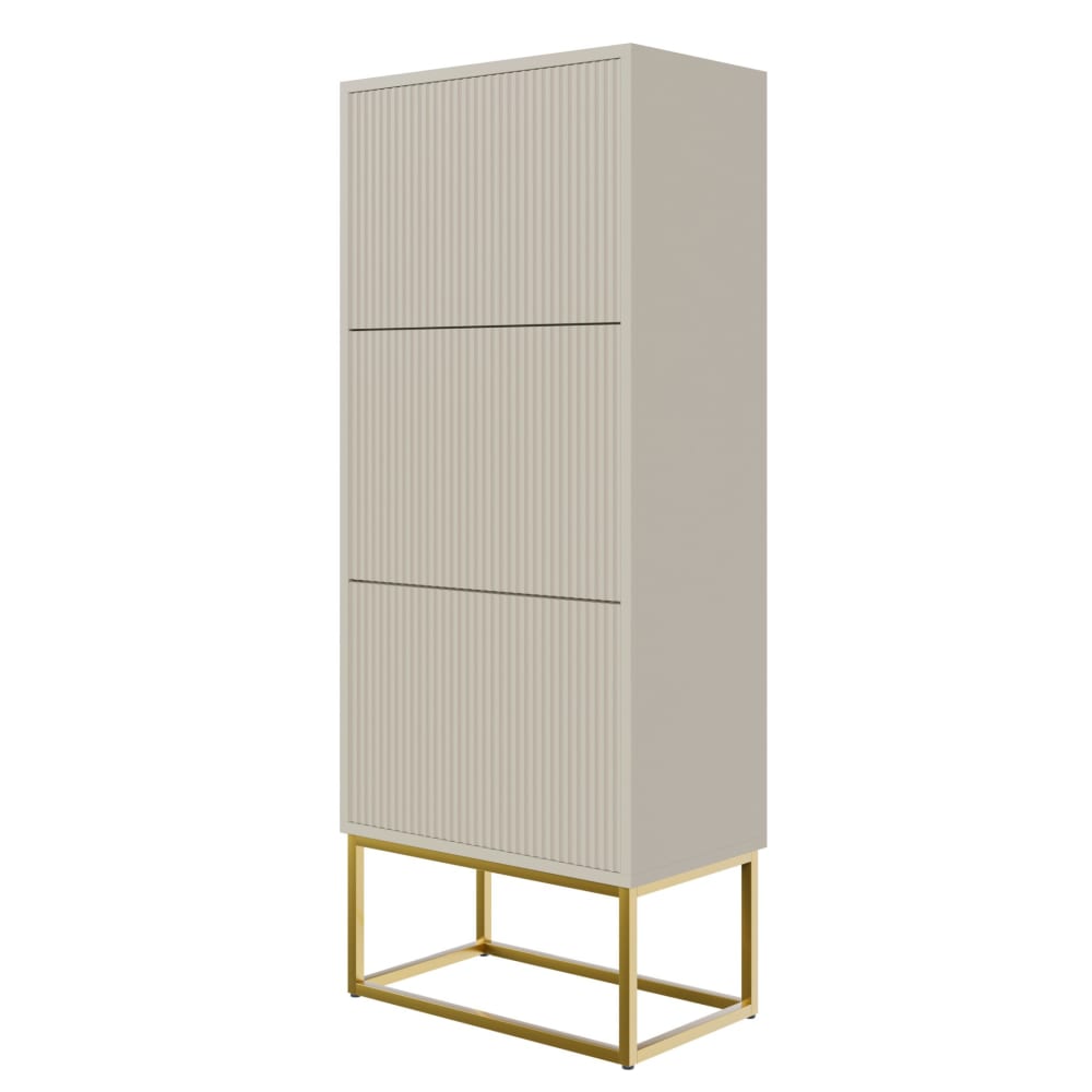 wohnli-moebel-suche-Schuhschrank-mit-3-Klappen-Greige-mit-goldenem-Metallgestell-50-cm Wohnli Möbelsuche - Schuhschrank mit 3 Klappen
