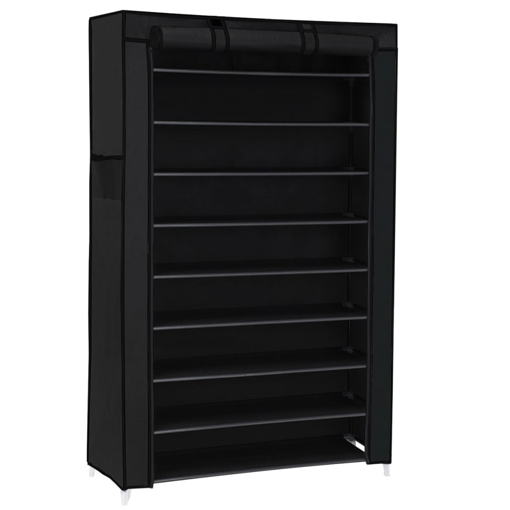 wohnli-moebel-suche-Schwarzer-10-stufiger-Schuhschrank-mit-Schutzhuelle-L88-x-H160-cm Wohnli Möbelsuche - Schwarzer 10-stufiger Schuhschrank mit Schutzhülle - L88 x H160 cm