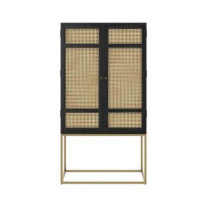 Wohnli Möbelsuche - Schwarzer Schrank aus Holz und Rattangeflecht mit 2 Türen
