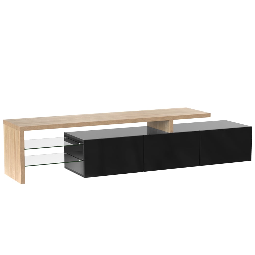 wohnli-moebel-suche-Schwarzes-LED-TV-Moebel-aus-Holz-mit-3-Fluegeltueren-und-Glasboeden Wohnli Möbelsuche - Schwarzes LED-TV-Möbel aus Holz mit 3 Flügeltüren und Glasböden