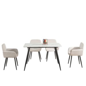 Wohnli Möbelsuche - Set aus Tisch mit weißem Marmoreffekt und 4 Stühlen aus beigem Stoff