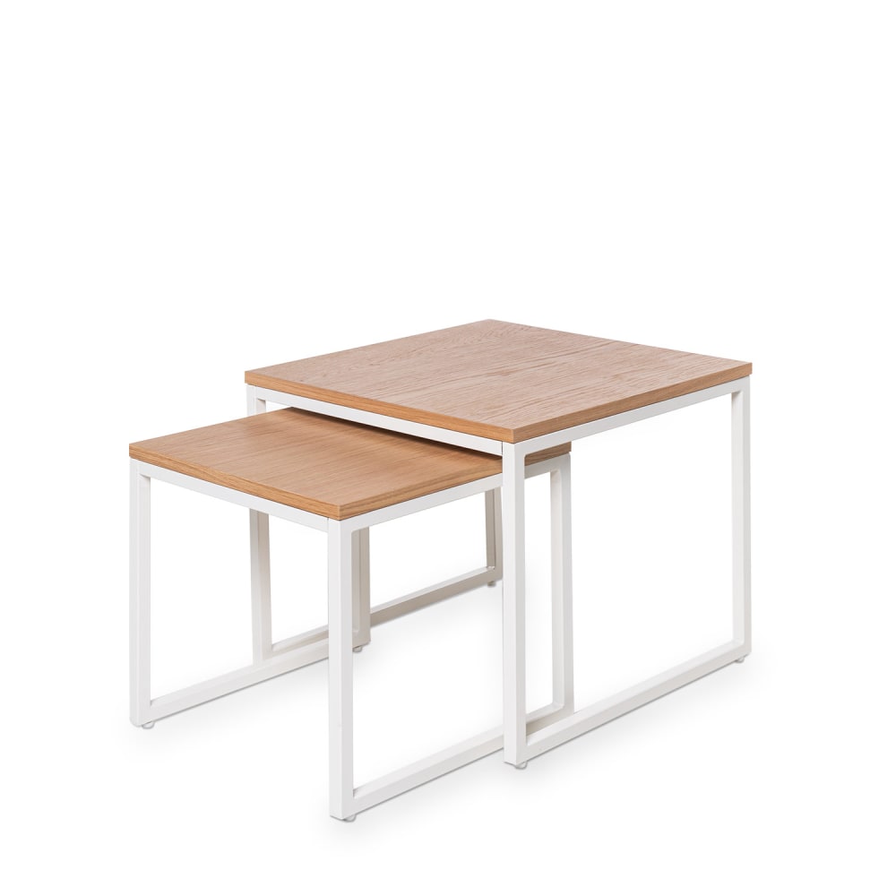 Wohnli Möbelsuche - Set aus weißen Metalltischen mit Holzfurnierplatten
