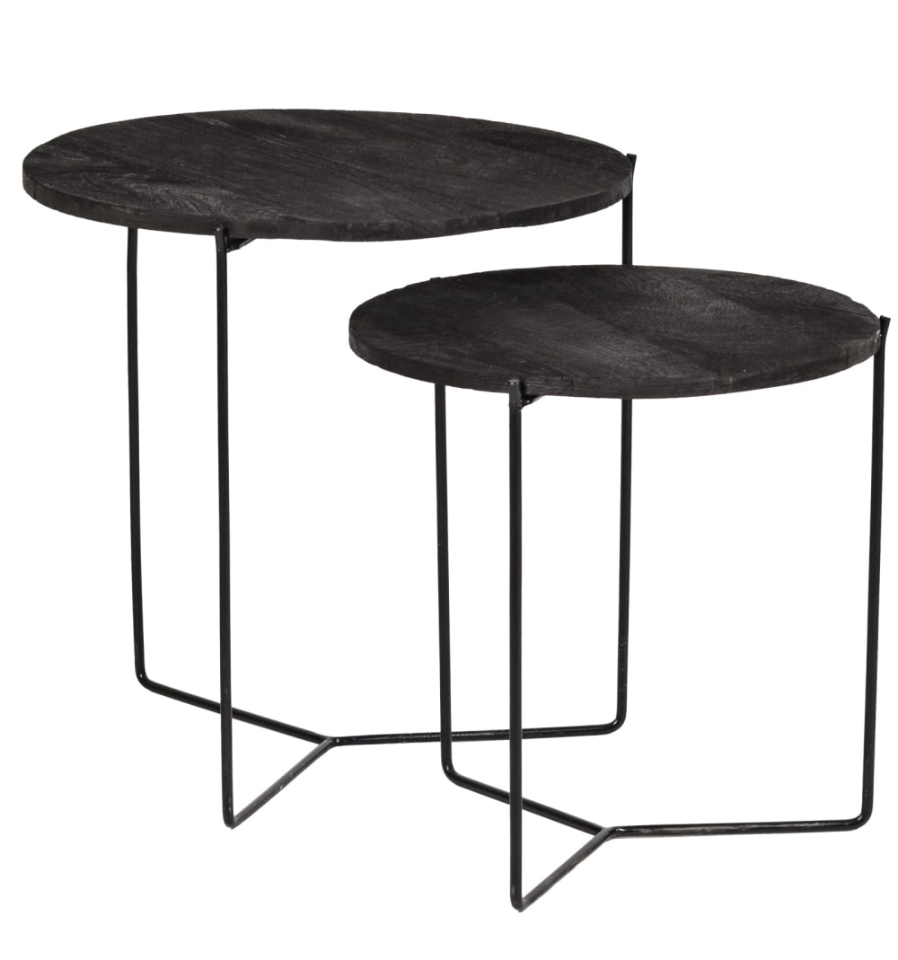 Wohnli Möbelsuche - Set mit 2 runden Couchtischen aus schwarzem Mangoholz und Metall