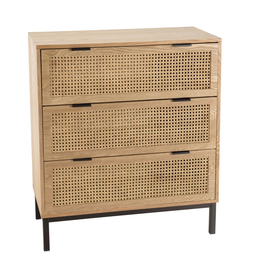Wohnli Möbelsuche - Sideboard 3 Schubladen natürliches Rohrgeflecht Metallfüße schwarz