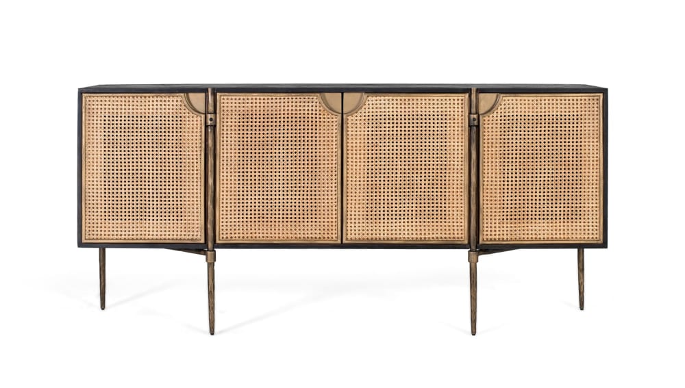 Wohnli Möbelsuche - Sideboard aus dunklem Holz und Türen aus geflochtenem Rattan