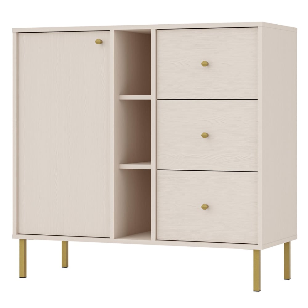 wohnli-moebel-suche-Sideboard-mit-3-Schubladen-und-Regalen-Sandbeige-100-cm Wohnli Möbelsuche - Sideboard mit 3 Schubladen und Regalen