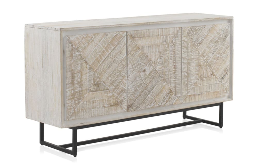 Wohnli Möbelsuche - Sideboard mit 3 Türen aus massivem Mangoholz in patiniertem Weiß