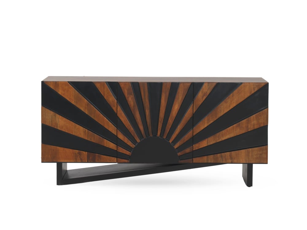 Wohnli Möbelsuche - Sideboard mit 3 Türen aus massivem Mangoholz mit schwarzen Holzbeinen