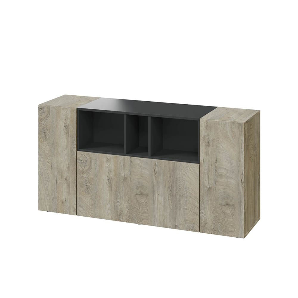 wohnli-moebel-suche-Sideboard-mit-3-Tueren-und-3-Nischen-L150cm-Dekor-Eiche-und-Grau Wohnli Möbelsuche - Sideboard mit 3 Türen und 3 Nischen L150cm - Dekor Eiche und Grau
