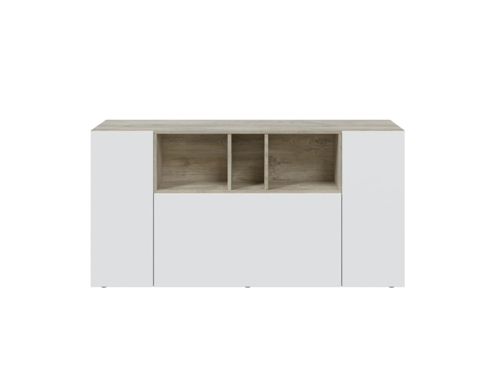 wohnli-moebel-suche-Sideboard-mit-3-Tueren-und-3-Nischen-L150cm-Dekor-Weiss-und-Eiche Wohnli Möbelsuche - Sideboard mit 3 Türen und 3 Nischen L150cm - Dekor Weiß und Eiche