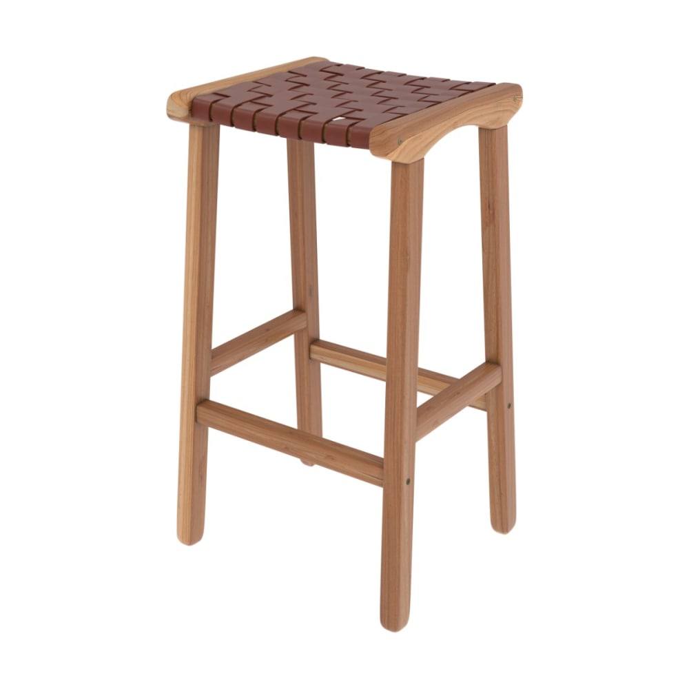 wohnli-moebel-suche-Stuhl-fuer-Mittelinsel-aus-Teakholz-und-Leder-in-braun-66-cm Wohnli Möbelsuche - Stuhl für Mittelinsel aus Teakholz und Leder in braun