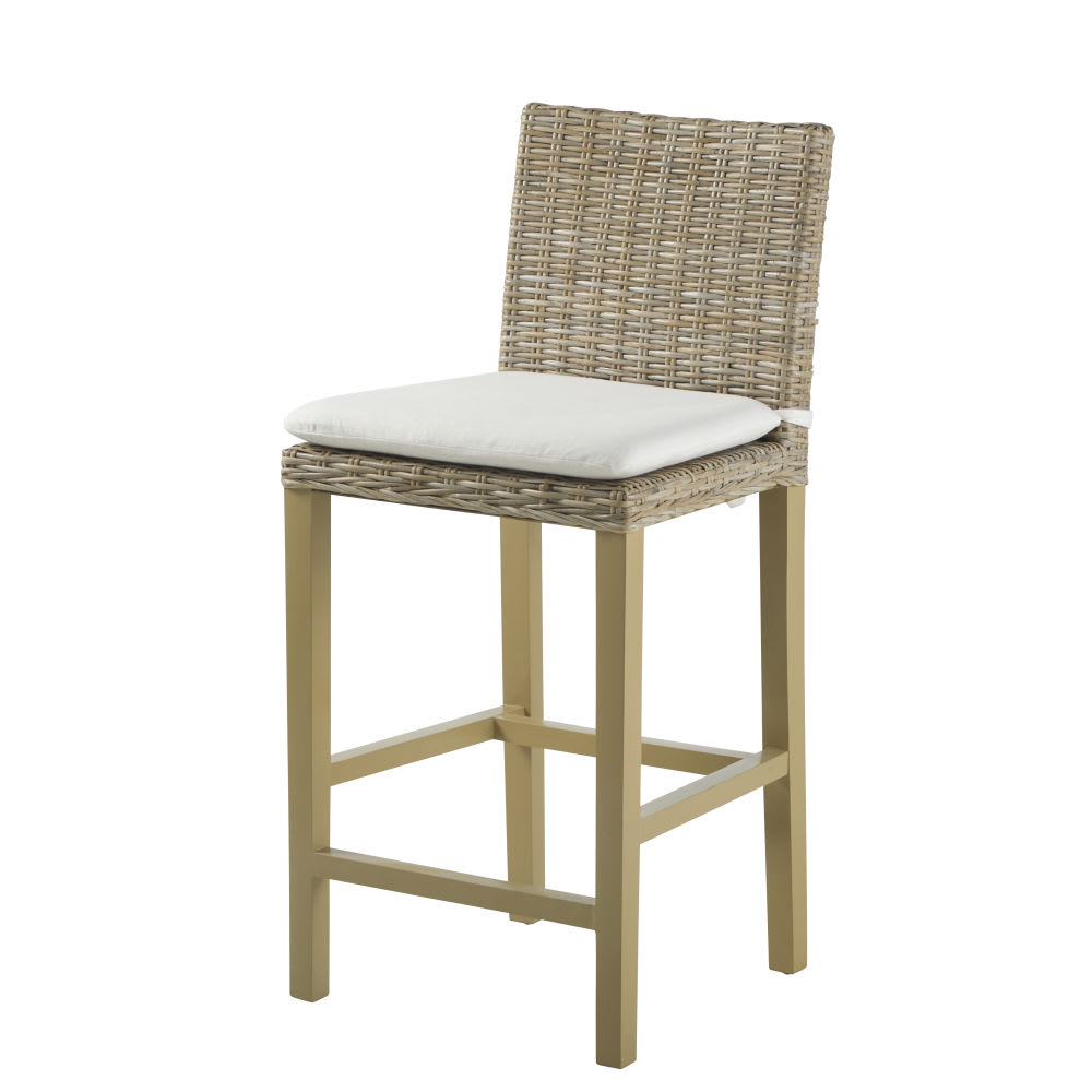 Wohnli Möbelsuche - Stuhl für Mittelinsel aus vergrautem Kubu-Rattan und massivem Mahagoni H65