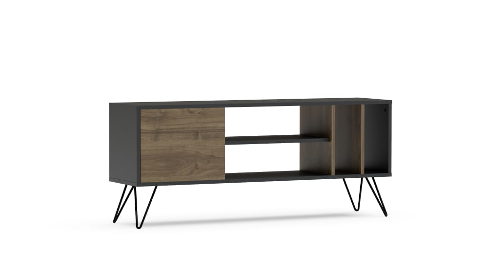 wohnli-moebel-suche-TV-Lowboard-mit-einer-Tuer-und-offenen-Regalen-braun-u.-schwarz-140cm Wohnli Möbelsuche - TV Lowboard mit einer Tür und offenen Regalen