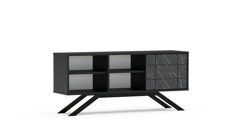 wohnli-moebel-suche-TV-Lowboard-mit-einer-Tuer-und-offenen-Regalen-schwarzer-Marmor-130cm Wohnli Möbelsuche - TV Lowboard mit einer Tür und offenen Regalen